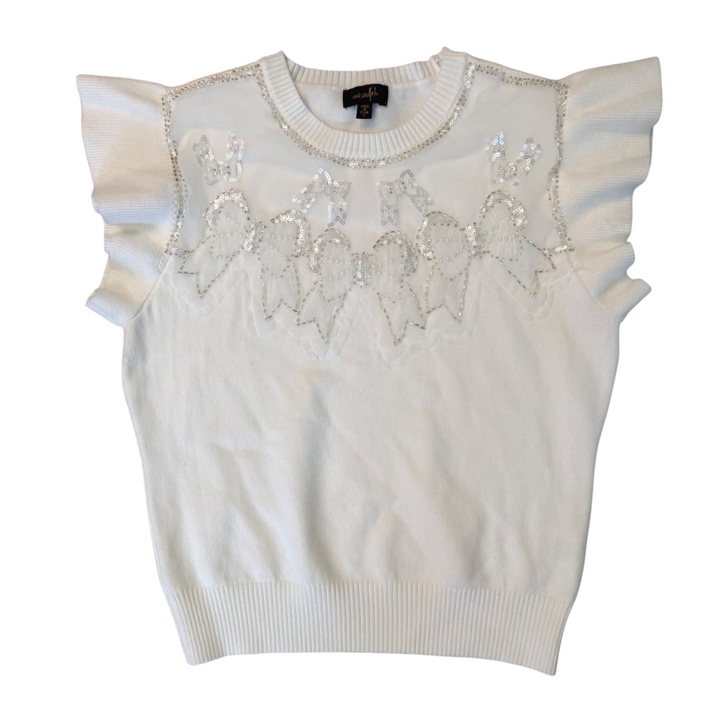 On Twelfth White Sequin Bow Ruffle Cap Sleeve Knit Coquette Bow Sweater Vest M